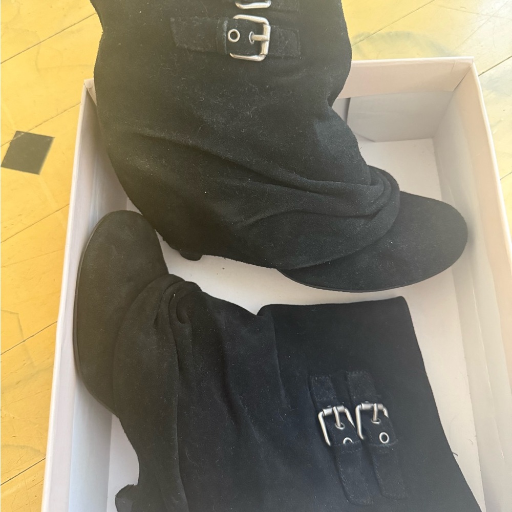 BP Suede Black Ankle Booties with Double Buckle